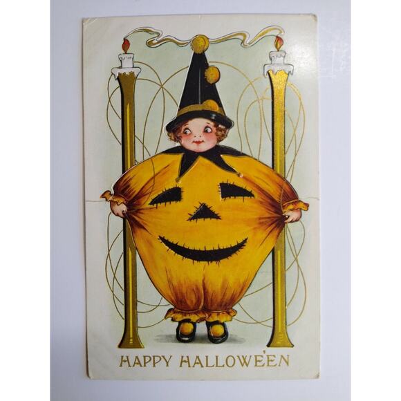 Halloween Postcard Whitney Die-Cut Standup Clown Girl Pumpkin Costume Original - Picture 7 of 7